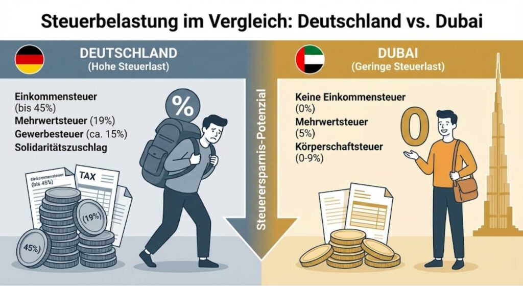 Vergleichsgrafik zwischen deutscher Steuerbelastung und Dubai