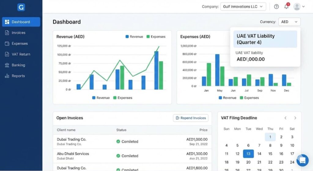 Screenshot eines modernen Online-Buchhaltungstools mit VAE-Bezug