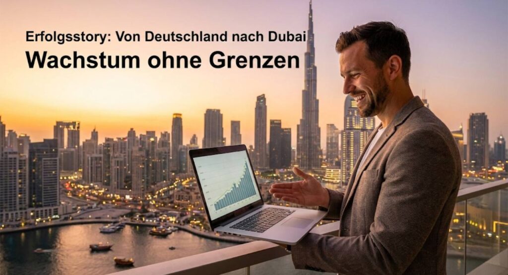 Erfolgsstory-Visual_ Mann mit Laptop + Dubai-Skyline im Hintergrund