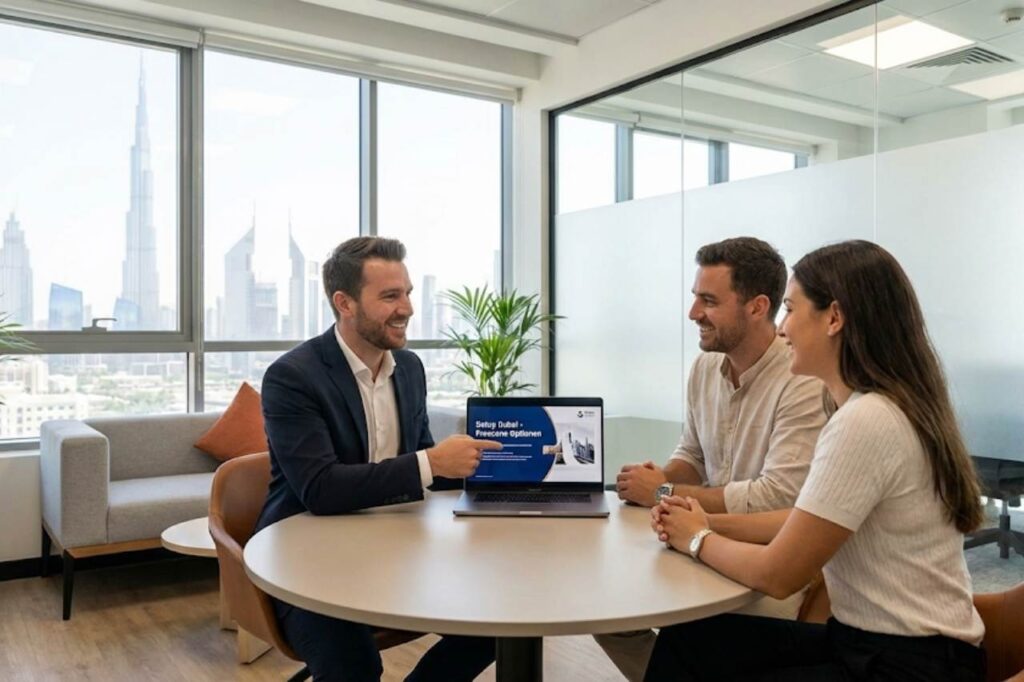 Mitarbeiter von Setup Dubai im Kundengespräch, freundliche Atmosphäre im modernen Büro