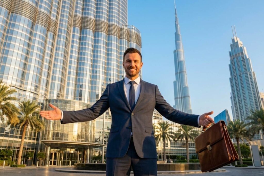 Glücklicher Unternehmer vor einem Bürogebäude in Dubai, symbolisch für Erfolg und Sicherheit