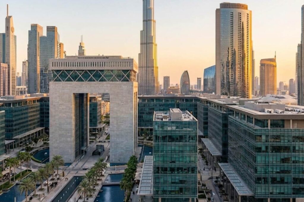 Panoramablick auf DIFC – Dubai International Financial Centre mit Fokus auf moderne Hochhäuser
