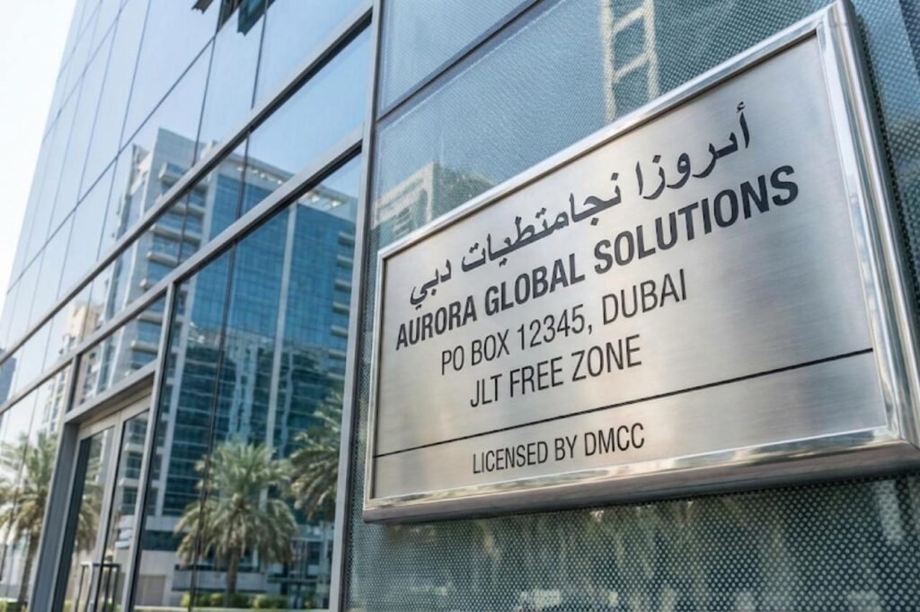 Nahaufnahme eines offiziellen Geschäftsadressen-Schilds an einem modernen Bürogebäude in einer Dubai Freezone