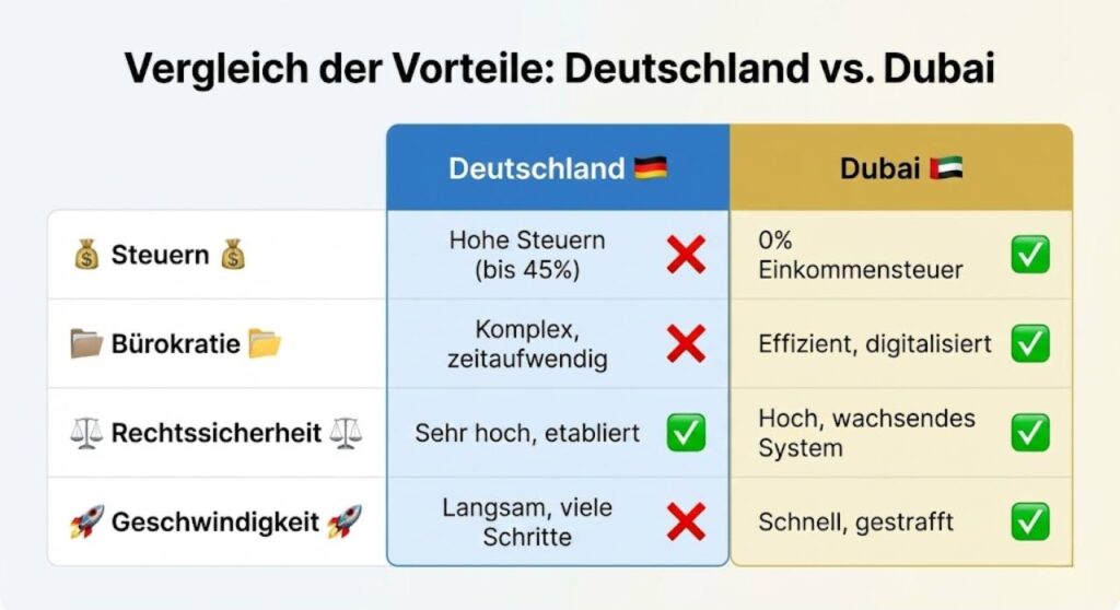 Tabelle mit Vorteilen von Dubai vs. Deutschland (Steuern, Bürokratie, Rechtssicherheit, Geschwindigkeit)