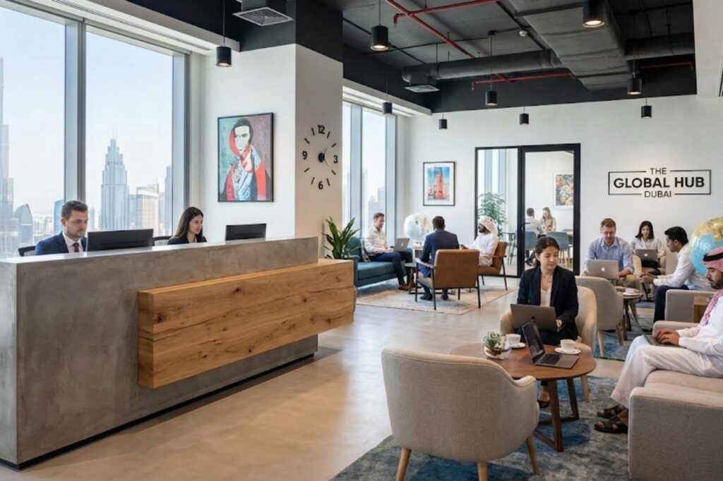 Modern eingerichteter Co-Working-Space in Dubai mit internationalem Flair, Fokus auf Empfangsbereich und Business-Lounge