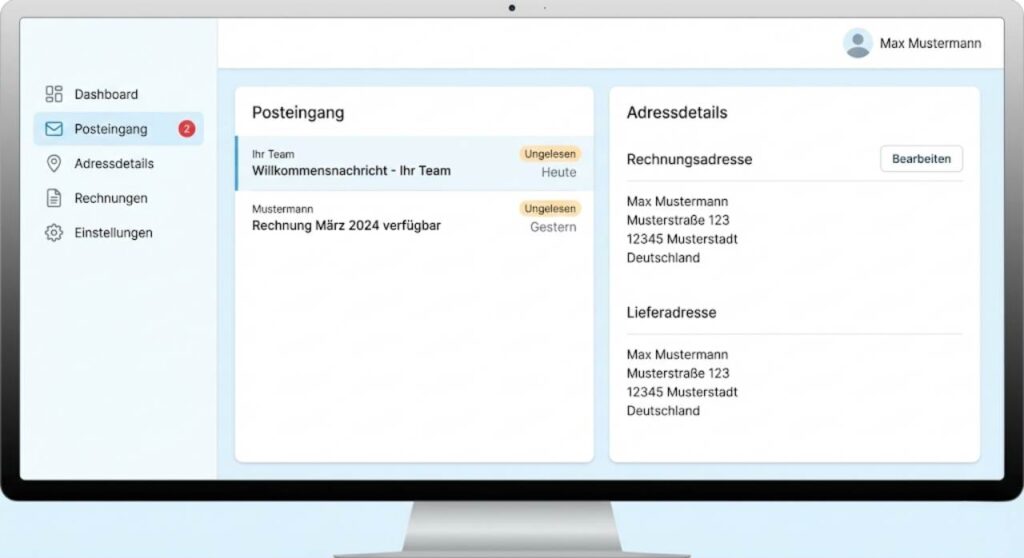 Screenshot eines Kundenportals mit Posteingang und Adressdetails, übersichtlich und benutzerfreundlich gestaltet