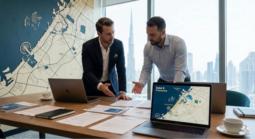 Unternehmer beim Beratungsgespräch im modernen Büro, Fokus auf Dokumente und Laptops mit Dubai-Karte im Hintergrund