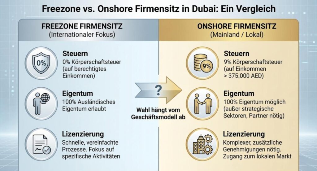 Vergleichsgrafik Freezone vs. Onshore Firmensitz – Darstellung mit Icons für Steuern, Eigentum, Lizenzierung