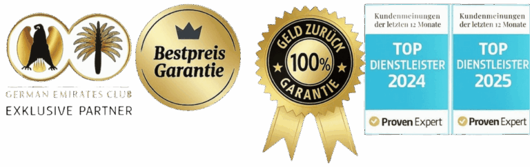 Gütesiegel: German Emirates Club, Bestpreis-Garantie, Geld-zurück-Garantie, Top Dienstleister 2024 und 2025