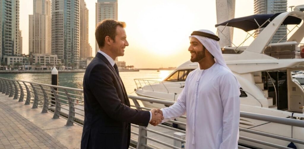 Geschäftsmann mit Geschäftspartner am Dubai Marina Hafen, Sonnenuntergang, Symbol für Erfolg und internationale Vernetzung