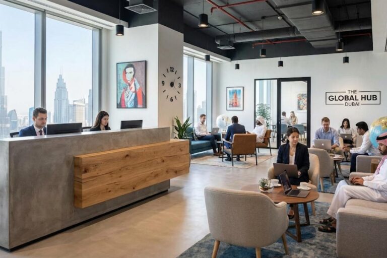 Modern eingerichteter Co-Working-Space in Dubai mit internationalem Flair, Fokus auf Empfangsbereich und Business-Lounge